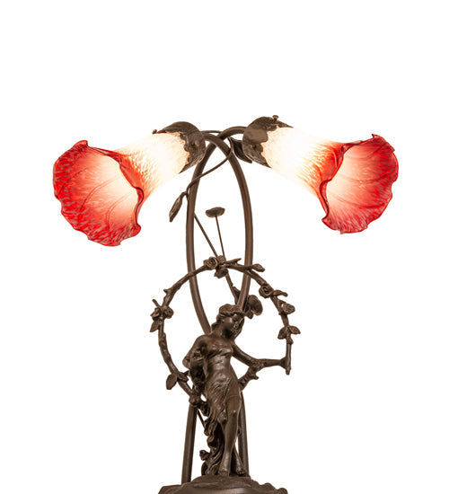 Meyda Lighting Tiffany Pond Lily 17" 2-Light Mahogany Bronze Trellis Girl Accent Table Lamp With Red and White Shade Glass