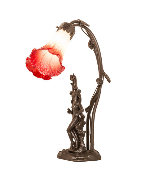 Meyda Lighting Tiffany Pond Lily 17" 2-Light Mahogany Bronze Trellis Girl Accent Table Lamp With Red and White Shade Glass