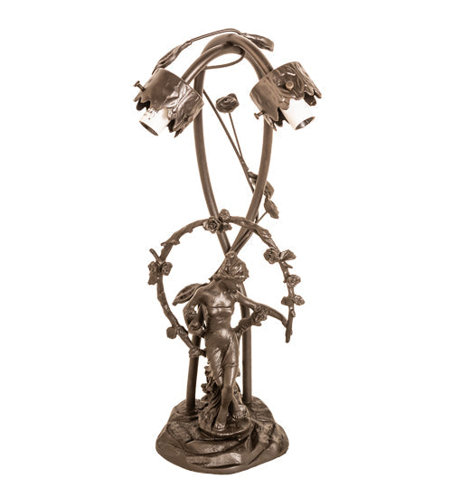 Meyda Lighting Tiffany Pond Lily 17" 2-Light Mahogany Bronze Trellis Girl Accent Table Lamp With Red and White Shade Glass
