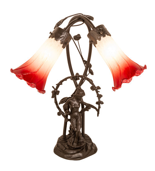 Meyda Lighting Tiffany Pond Lily 17" 2-Light Mahogany Bronze Trellis Girl Accent Table Lamp With Red and White Shade Glass