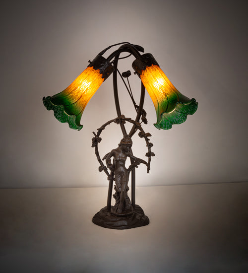 Meyda Lighting Tiffany Pond Lily 17" 2-Light Mahogany Bronze Trellis Girl Table Lamp With Amber & Green Shade Glass