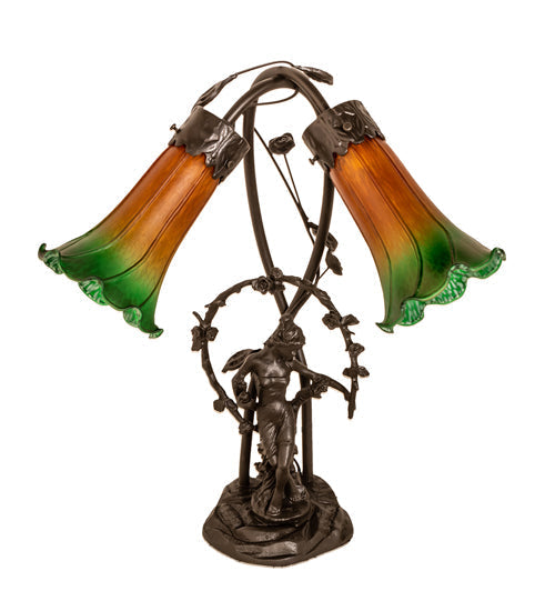 Meyda Lighting Tiffany Pond Lily 17" 2-Light Mahogany Bronze Trellis Girl Table Lamp With Amber & Green Shade Glass