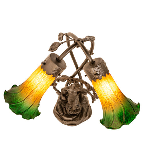 Meyda Lighting Tiffany Pond Lily 17" 2-Light Mahogany Bronze Trellis Girl Table Lamp With Amber & Green Shade Glass