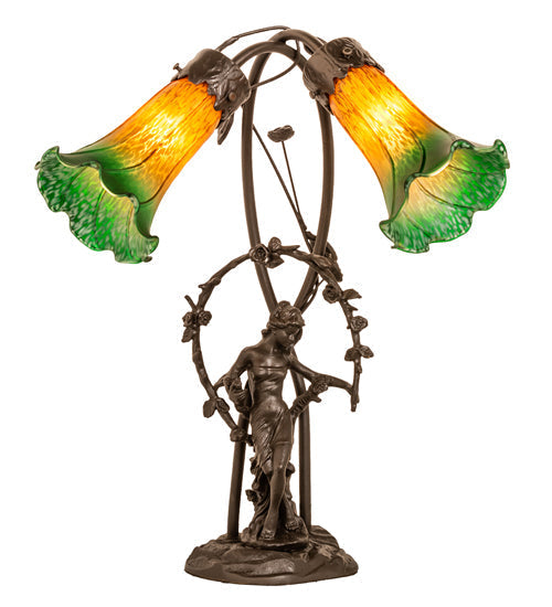 Meyda Lighting Tiffany Pond Lily 17" 2-Light Mahogany Bronze Trellis Girl Table Lamp With Amber & Green Shade Glass