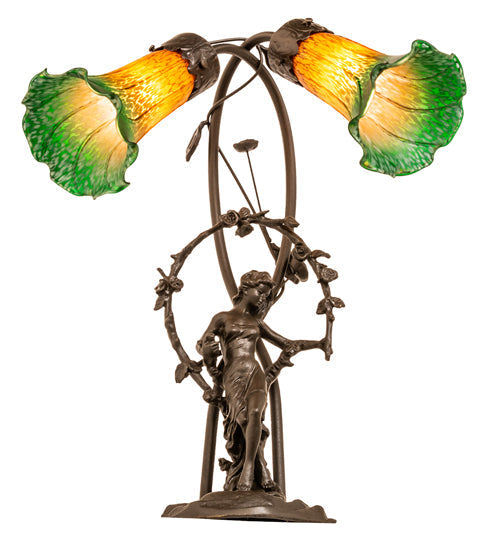 Meyda Lighting Tiffany Pond Lily 17" 2-Light Mahogany Bronze Trellis Girl Table Lamp With Amber & Green Shade Glass