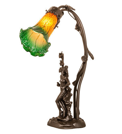 Meyda Lighting Tiffany Pond Lily 17" 2-Light Mahogany Bronze Trellis Girl Table Lamp With Amber & Green Shade Glass