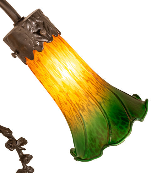 Meyda Lighting Tiffany Pond Lily 17" 2-Light Mahogany Bronze Trellis Girl Table Lamp With Amber & Green Shade Glass