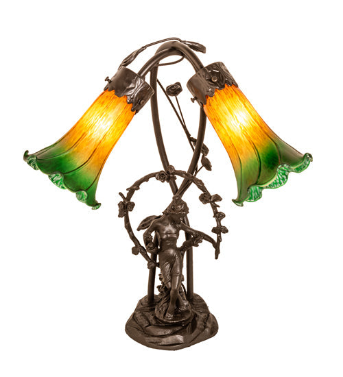 Meyda Lighting Tiffany Pond Lily 17" 2-Light Mahogany Bronze Trellis Girl Table Lamp With Amber & Green Shade Glass