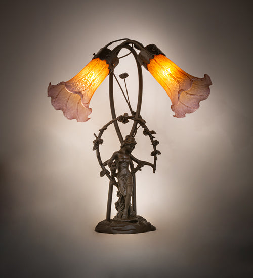 Meyda Lighting Tiffany Pond Lily 17" 2-Light Mahogany Bronze Trellis Girl Table Lamp With Amber & Purple Shade Glass