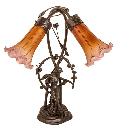 Meyda Lighting Tiffany Pond Lily 17" 2-Light Mahogany Bronze Trellis Girl Table Lamp With Amber & Purple Shade Glass