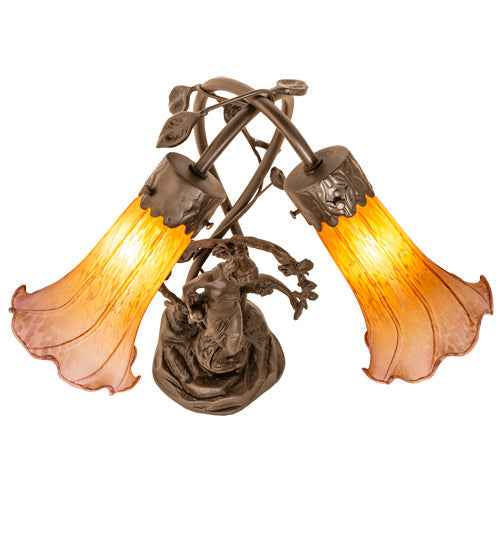 Meyda Lighting Tiffany Pond Lily 17" 2-Light Mahogany Bronze Trellis Girl Table Lamp With Amber & Purple Shade Glass