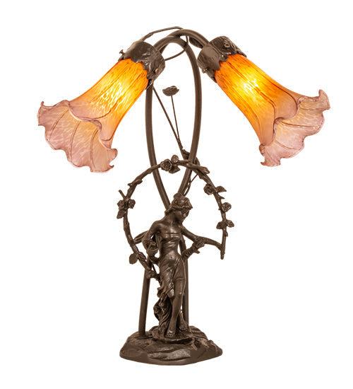 Meyda Lighting Tiffany Pond Lily 17" 2-Light Mahogany Bronze Trellis Girl Table Lamp With Amber & Purple Shade Glass