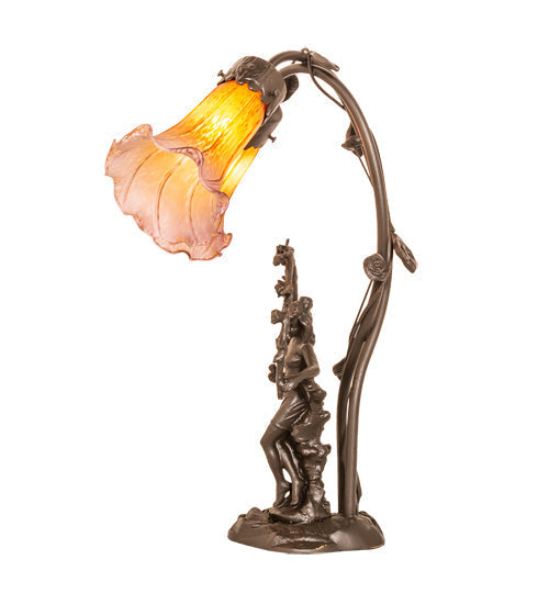 Meyda Lighting Tiffany Pond Lily 17" 2-Light Mahogany Bronze Trellis Girl Table Lamp With Amber & Purple Shade Glass