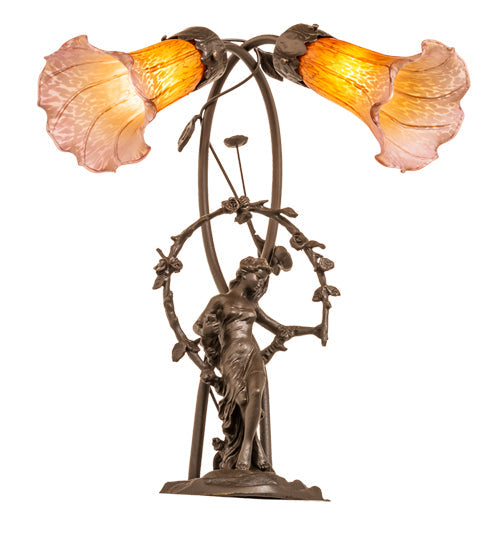 Meyda Lighting Tiffany Pond Lily 17" 2-Light Mahogany Bronze Trellis Girl Table Lamp With Amber & Purple Shade Glass