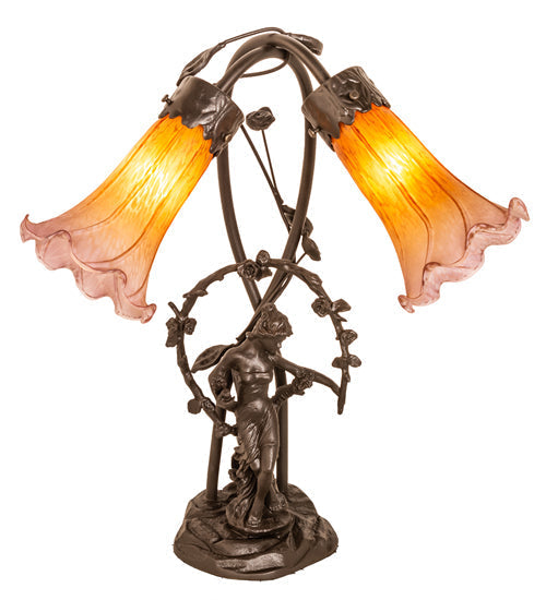Meyda Lighting Tiffany Pond Lily 17" 2-Light Mahogany Bronze Trellis Girl Table Lamp With Amber & Purple Shade Glass