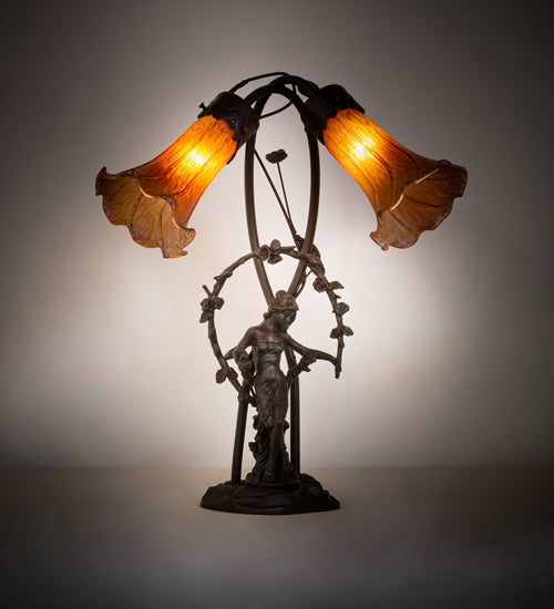 Meyda Lighting Tiffany Pond Lily 17" 2-Light Mahogany Bronze Trellis Girl Table Lamp With Amber Shade Glass