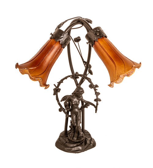 Meyda Lighting Tiffany Pond Lily 17" 2-Light Mahogany Bronze Trellis Girl Table Lamp With Amber Shade Glass