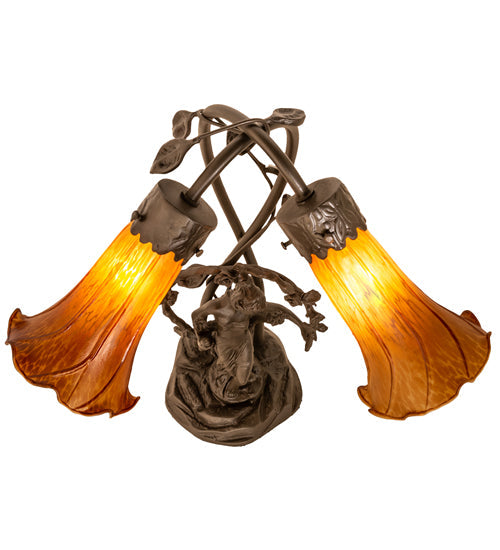 Meyda Lighting Tiffany Pond Lily 17" 2-Light Mahogany Bronze Trellis Girl Table Lamp With Amber Shade Glass