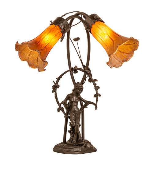 Meyda Lighting Tiffany Pond Lily 17" 2-Light Mahogany Bronze Trellis Girl Table Lamp With Amber Shade Glass