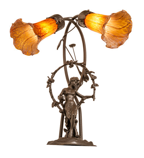 Meyda Lighting Tiffany Pond Lily 17" 2-Light Mahogany Bronze Trellis Girl Table Lamp With Amber Shade Glass