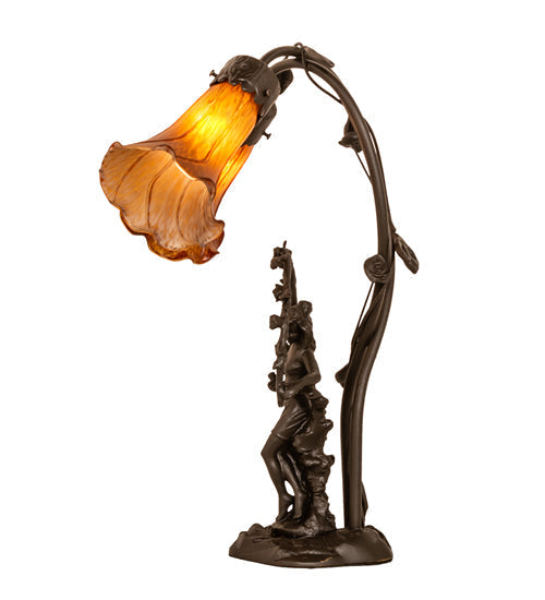 Meyda Lighting Tiffany Pond Lily 17" 2-Light Mahogany Bronze Trellis Girl Table Lamp With Amber Shade Glass