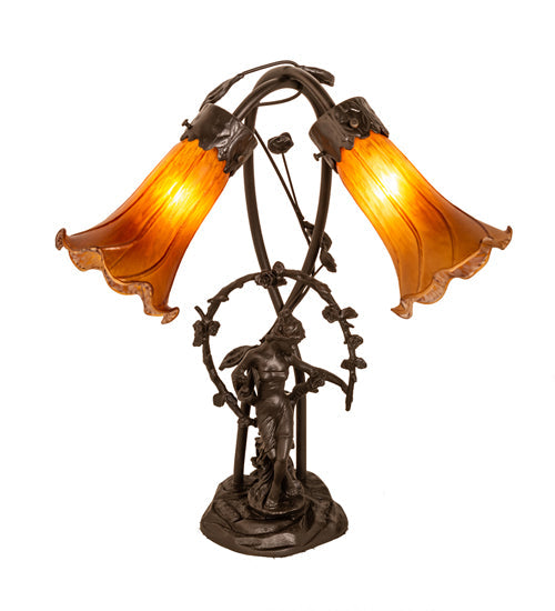 Meyda Lighting Tiffany Pond Lily 17" 2-Light Mahogany Bronze Trellis Girl Table Lamp With Amber Shade Glass