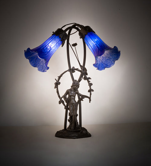 Meyda Lighting Tiffany Pond Lily 17" 2-Light Mahogany Bronze Trellis Girl Table Lamp With Blue Shade Glass