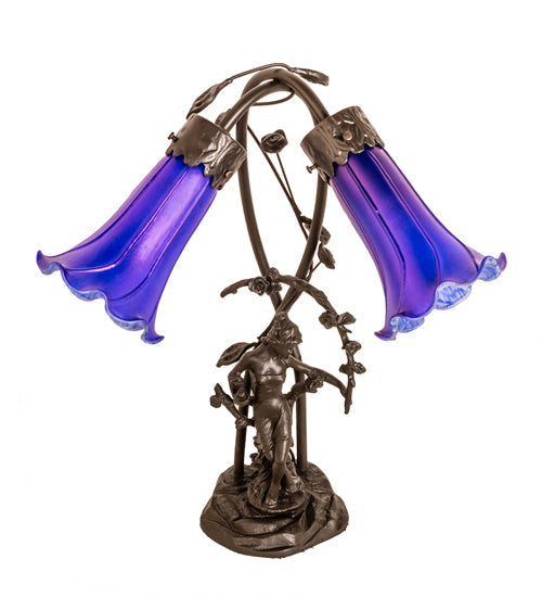 Meyda Lighting Tiffany Pond Lily 17" 2-Light Mahogany Bronze Trellis Girl Table Lamp With Blue Shade Glass