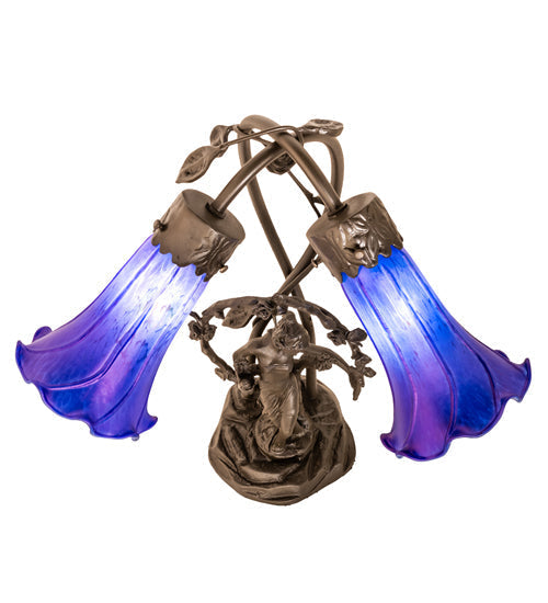 Meyda Lighting Tiffany Pond Lily 17" 2-Light Mahogany Bronze Trellis Girl Table Lamp With Blue Shade Glass