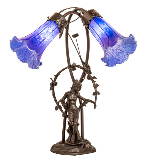 Meyda Lighting Tiffany Pond Lily 17" 2-Light Mahogany Bronze Trellis Girl Table Lamp With Blue Shade Glass