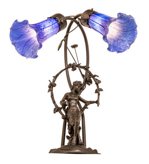 Meyda Lighting Tiffany Pond Lily 17" 2-Light Mahogany Bronze Trellis Girl Table Lamp With Blue Shade Glass