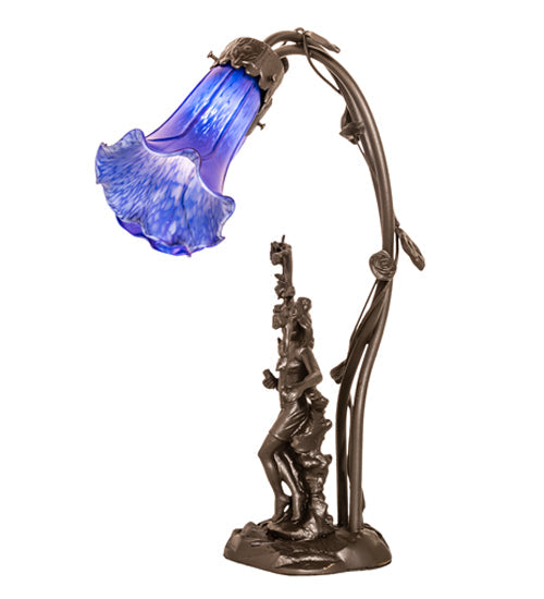 Meyda Lighting Tiffany Pond Lily 17" 2-Light Mahogany Bronze Trellis Girl Table Lamp With Blue Shade Glass