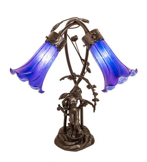 Meyda Lighting Tiffany Pond Lily 17" 2-Light Mahogany Bronze Trellis Girl Table Lamp With Blue Shade Glass