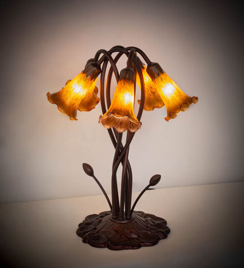 Meyda Lighting Tiffany Pond Lily 17" 5-Light Mahogany Bronze Accent Table Lamp With Amber Shade Glass