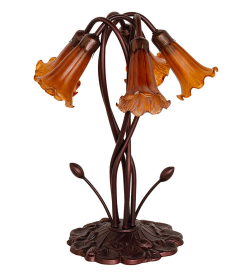 Meyda Lighting Tiffany Pond Lily 17" 5-Light Mahogany Bronze Accent Table Lamp With Amber Shade Glass