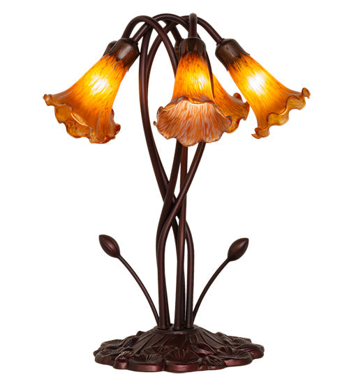 Meyda Lighting Tiffany Pond Lily 17" 5-Light Mahogany Bronze Accent Table Lamp With Amber Shade Glass