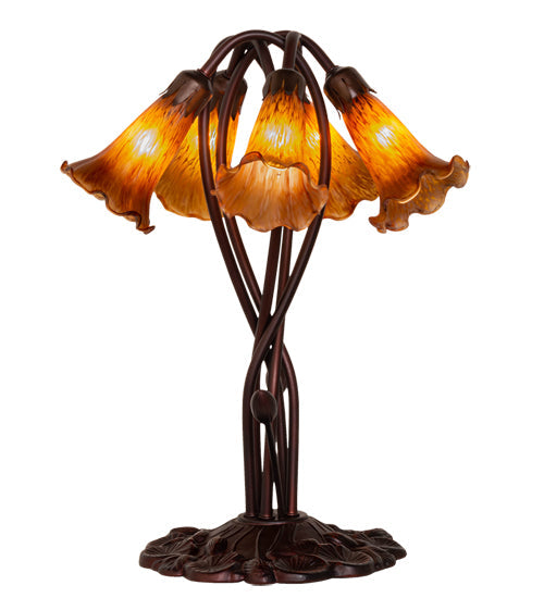 Meyda Lighting Tiffany Pond Lily 17" 5-Light Mahogany Bronze Accent Table Lamp With Amber Shade Glass