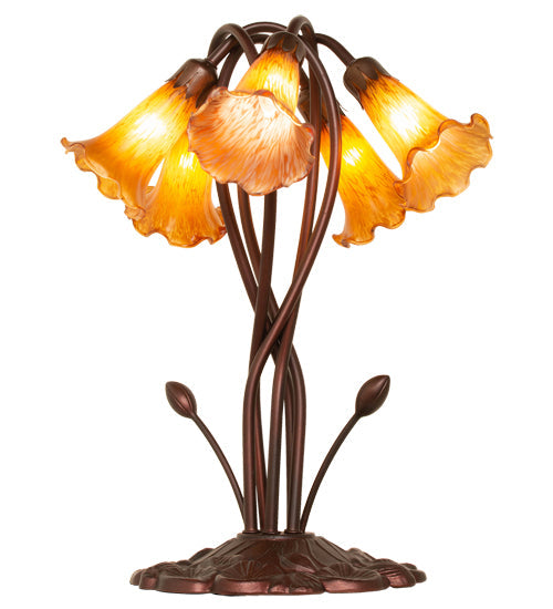 Meyda Lighting Tiffany Pond Lily 17" 5-Light Mahogany Bronze Accent Table Lamp With Amber Shade Glass