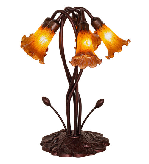 Meyda Lighting Tiffany Pond Lily 17" 5-Light Mahogany Bronze Accent Table Lamp With Amber Shade Glass