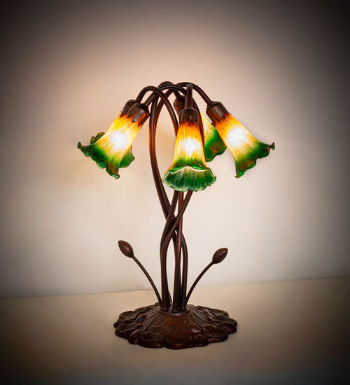 Meyda Lighting Tiffany Pond Lily 17" 5-Light Mahogany Bronze Accent Table Lamp With Amber and Green Shade Glass