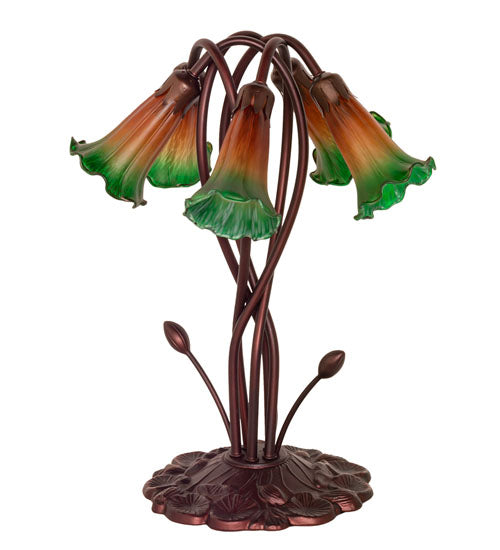 Meyda Lighting Tiffany Pond Lily 17" 5-Light Mahogany Bronze Accent Table Lamp With Amber and Green Shade Glass
