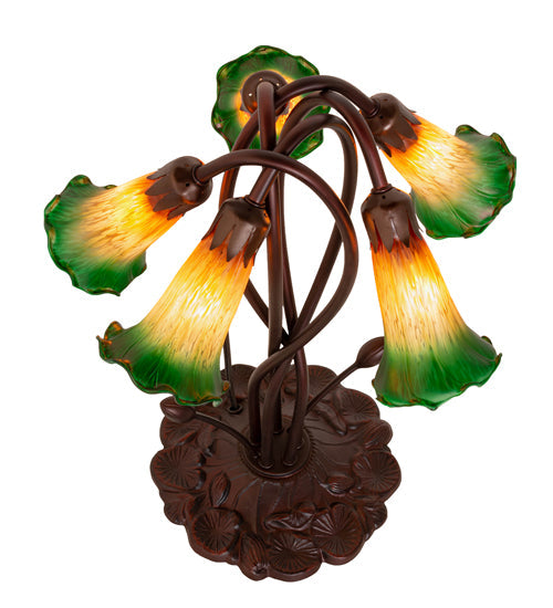 Meyda Lighting Tiffany Pond Lily 17" 5-Light Mahogany Bronze Accent Table Lamp With Amber and Green Shade Glass