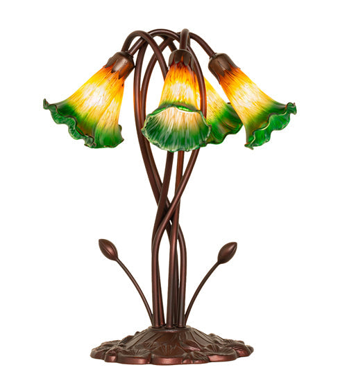Meyda Lighting Tiffany Pond Lily 17" 5-Light Mahogany Bronze Accent Table Lamp With Amber and Green Shade Glass