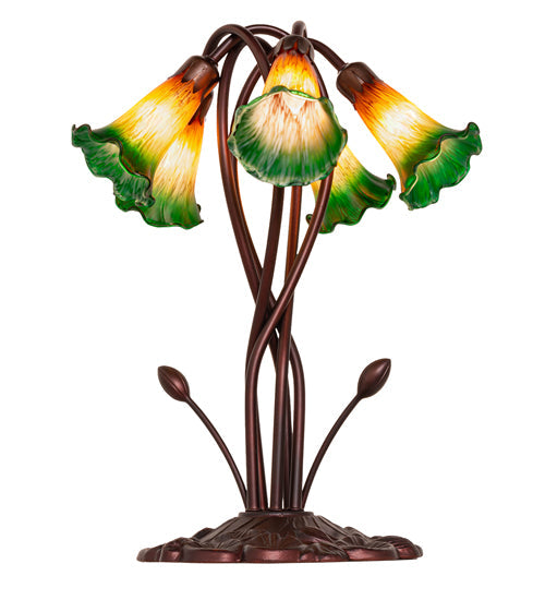 Meyda Lighting Tiffany Pond Lily 17" 5-Light Mahogany Bronze Accent Table Lamp With Amber and Green Shade Glass