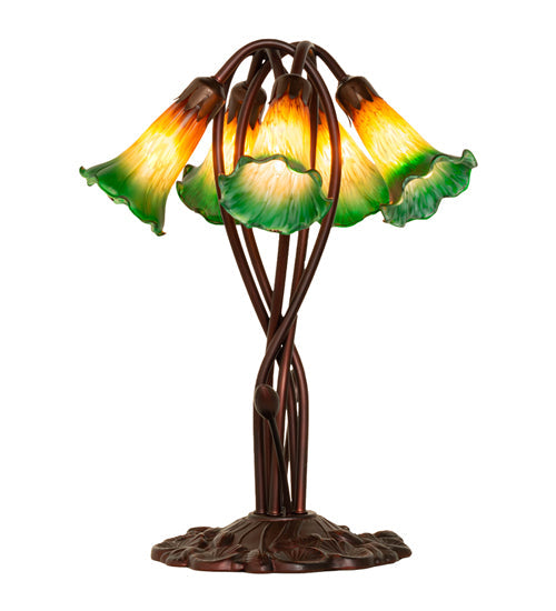 Meyda Lighting Tiffany Pond Lily 17" 5-Light Mahogany Bronze Accent Table Lamp With Amber and Green Shade Glass