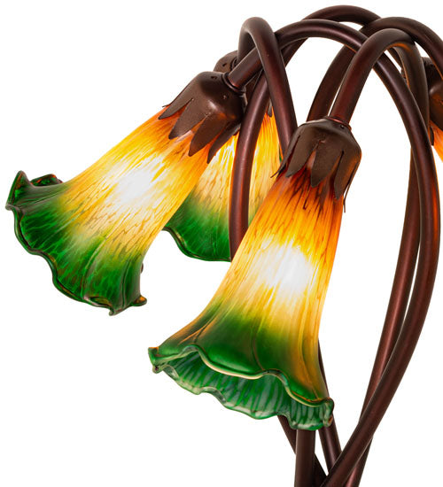 Meyda Lighting Tiffany Pond Lily 17" 5-Light Mahogany Bronze Accent Table Lamp With Amber and Green Shade Glass