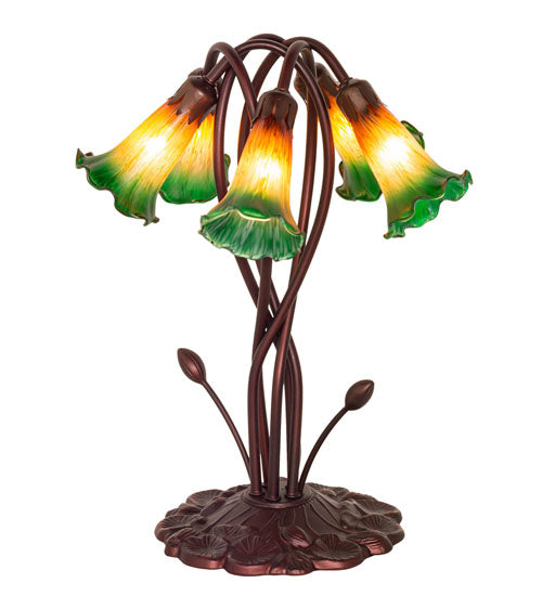 Meyda Lighting Tiffany Pond Lily 17" 5-Light Mahogany Bronze Accent Table Lamp With Amber and Green Shade Glass
