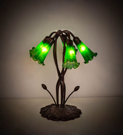 Meyda Lighting Tiffany Pond Lily 17" 5-Light Mahogany Bronze Accent Table Lamp With Green Shade Glass