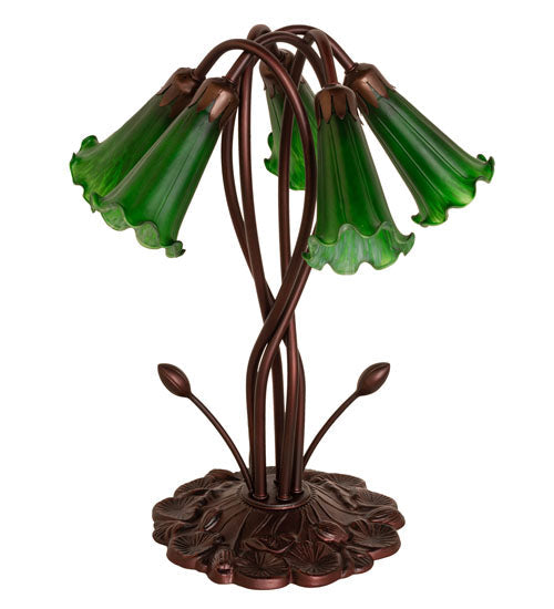Meyda Lighting Tiffany Pond Lily 17" 5-Light Mahogany Bronze Accent Table Lamp With Green Shade Glass