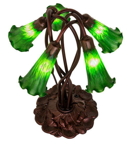 Meyda Lighting Tiffany Pond Lily 17" 5-Light Mahogany Bronze Accent Table Lamp With Green Shade Glass
